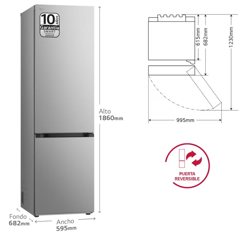 LG GBV3200CPY, frigorífico combi, No Frost, 2,03x60, DoorCooling+™, MetalFresh™, inox antihuellas, clase C