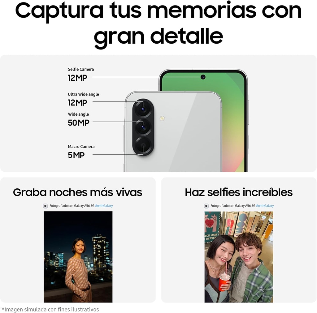 Teléfono Samsung Galaxy A56 5G, Pantalla 6,7" Super Amoled, Procesador Exynos 1580, Cámara 50 mpx, Memoria Ram 8gb, Memoria Interna 256gb, Batería 5000mAh