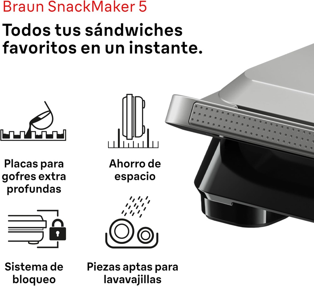 Braun SM5006, Sandwichera gofrera SnackMaker 5 , 800 W, 2 tipos de placas, plata