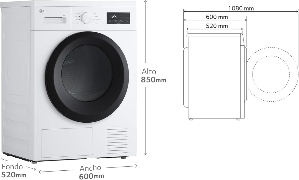 LG RHA1008NWK Secadora 8kg, D, con Bomba de calor, Blanca, Serie 100