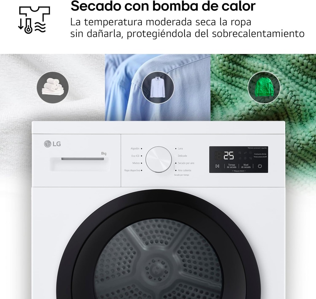 LG RHA1008NWK Secadora 8kg, D, con Bomba de calor, Blanca, Serie 100