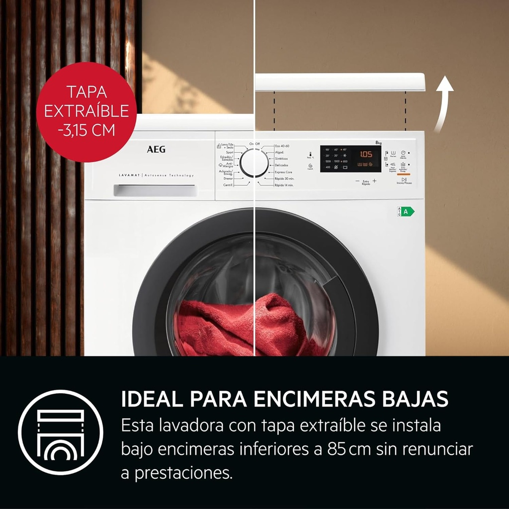 AEG LFA5I82RE, Lavadora carga frontal, 8 kg, 1200 rpm, 14 programas, Blanco