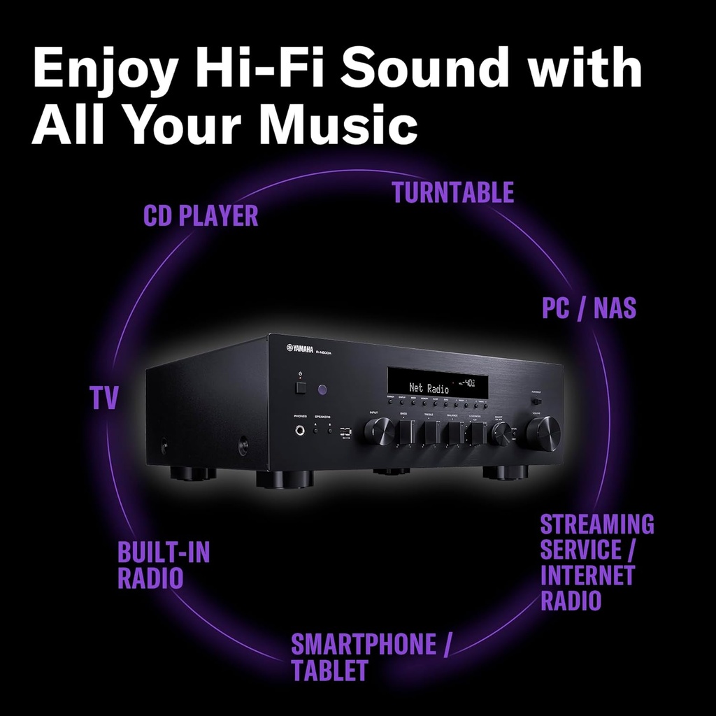 Yamaha R-N600 A, Receptor de canales Hi-Fi, con MusicCast y streaming inalámbrico, audio de alta resolución, SABRE DAC y Pure Audio Fidelity