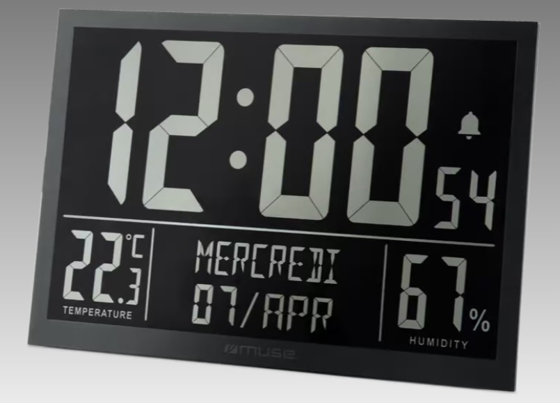 Muse M-160 WMC, Reloj de pared, Display LED con día de la semana, Mes, Temperatura, Humedad, Calendario, Alarma y funciones de reloj