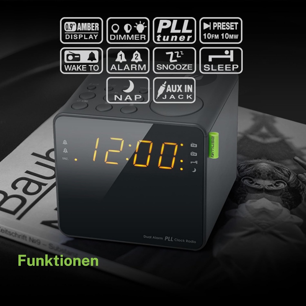 Muse M-187 CR, radio despertador, alarma dual, FM/MW, negro