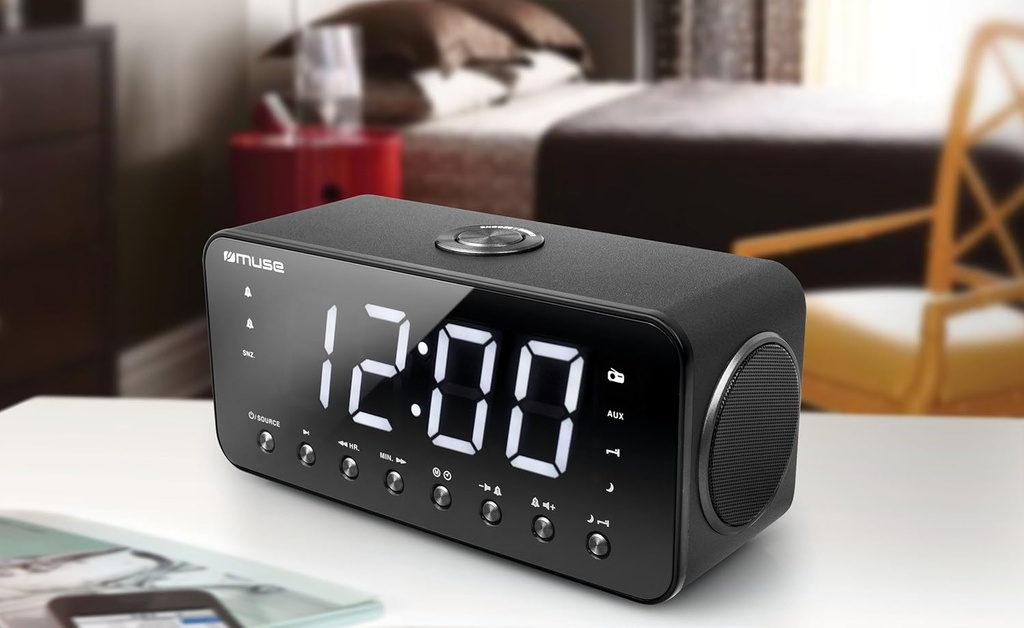 Muse M-192 CR,  Radio despertador FM/AM PLL con 20 presintonías, Pantalla LED de 1,8'' con tres niveles de intensidad, Radio, zumbador, snooze, sleep y siesta