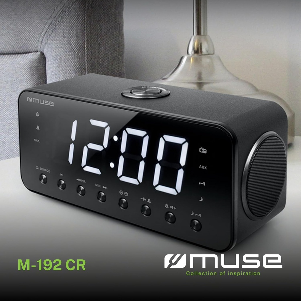Muse M-192 CR,  Radio despertador FM/AM PLL con 20 presintonías, Pantalla LED de 1,8'' con tres niveles de intensidad, Radio, zumbador, snooze, sleep y siesta