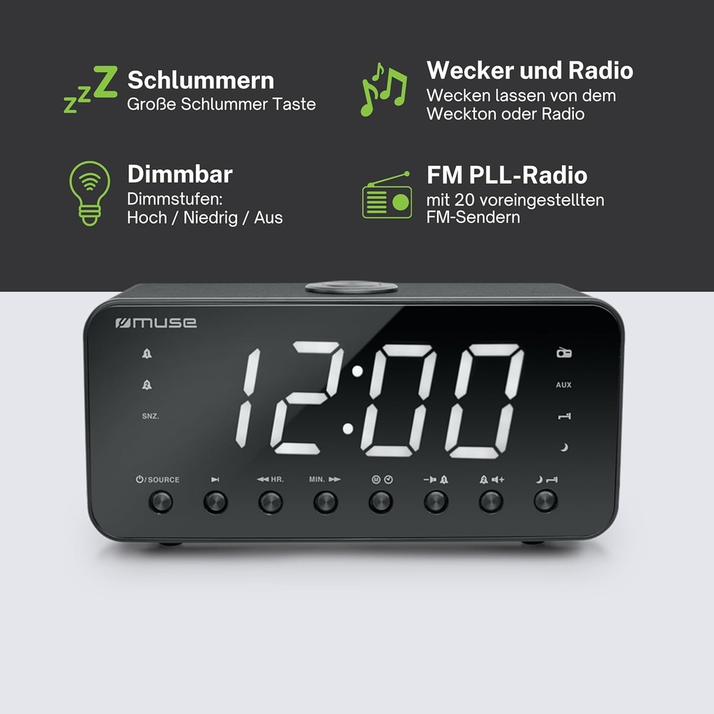 Muse M-192 CR,  Radio despertador FM/AM PLL con 20 presintonías, Pantalla LED de 1,8'' con tres niveles de intensidad, Radio, zumbador, snooze, sleep y siesta