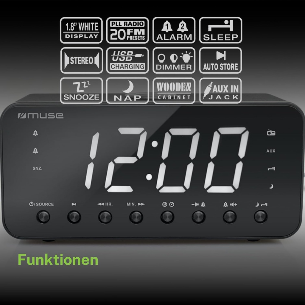 Muse M-192 CR,  Radio despertador FM/AM PLL con 20 presintonías, Pantalla LED de 1,8'' con tres niveles de intensidad, Radio, zumbador, snooze, sleep y siesta