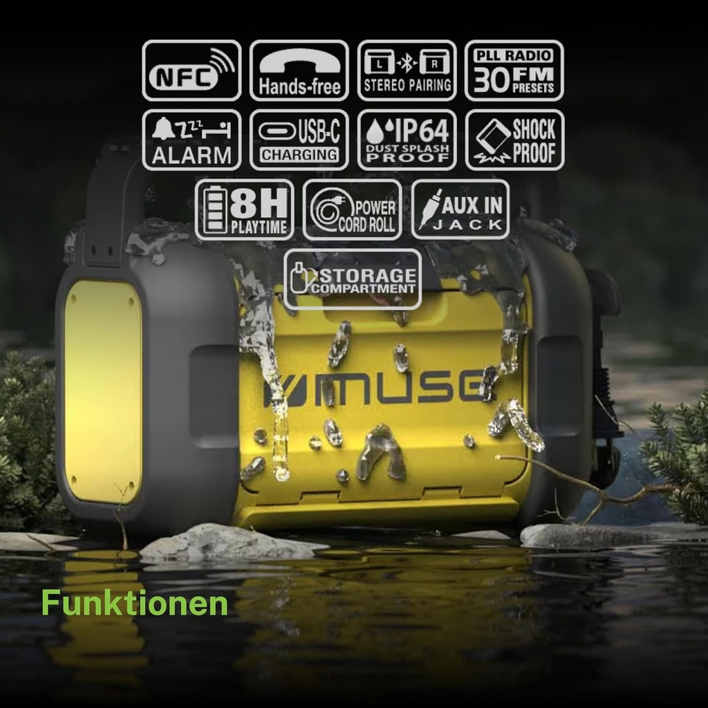 Muse M-928-BTY, Radio de trabajo con Bluetooth. Radio FM PLL, NFC, Potencia de salida 20W, Pantalla de 0,5''