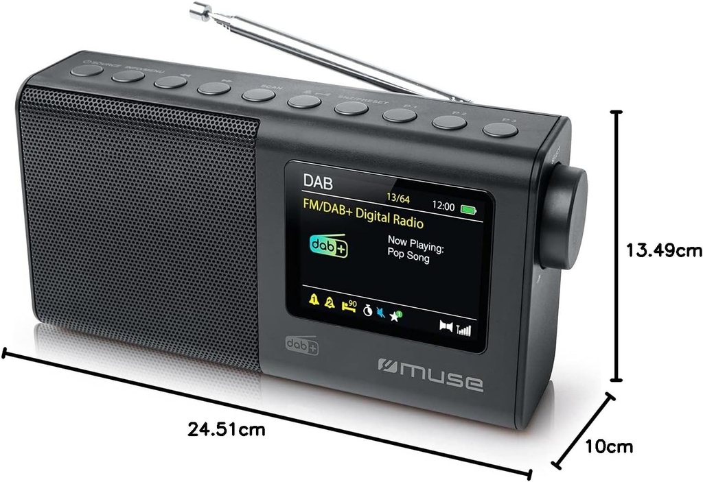 Muse M-117 DB, Radio Portátil FM/DAB/DAB+, Display a color de 2,8'' con dimmer, 20 presintonías (10 FM + 10 DAB), Alarma, snooze y sleep, Potencia de 3W