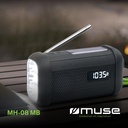 Muse MH 08 MB, Radio portátil con Bluetooth, Carga mediante dinamo y solar, Luz LED, Posibilidad de par estéreo, 5 presintonías de radio digital, Micrófono para manos libres, IP64, Sirena, Reloj, 6h de autonomía, NFC