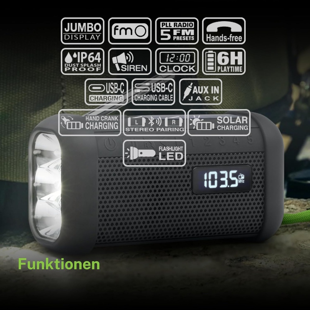 Muse MH 08 MB, Radio portátil con Bluetooth, Carga mediante dinamo y solar, Luz LED, Posibilidad de par estéreo, 5 presintonías de radio digital, Micrófono para manos libres, IP64, Sirena, Reloj, 6h de autonomía, NFC