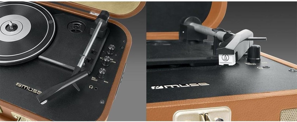 Muse MT-501, Giradiscos estéreo, 3 velocidades 33/45/78 RPM, Cápsula Audio Técnica MM (imán móvil), Recepor Bluetooth, Puerto USB, 2 altavoces integrados, Entrada auxiliar mini-jack, Salida RCA