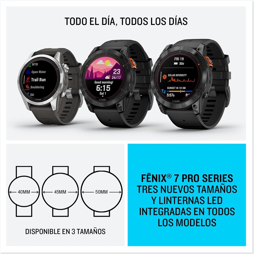 Reloj Garmin Fenix 7X Pro Solar, GPS, Carga solar, Linterna Led, Hasta 37 días de batería, Resistente al agua