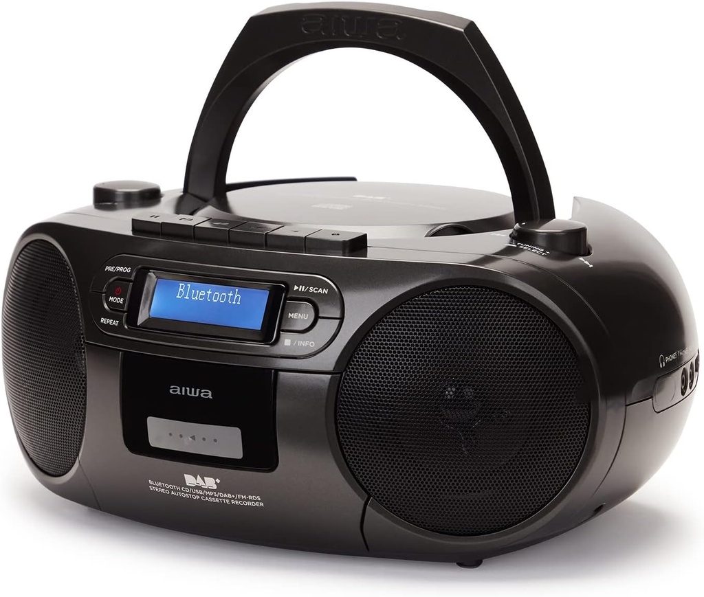 Aiwa BBTC-660DAB/BK: Radio Cassette Portátil con CD, Bluetooth y USB, Grabador de Cassettes, RDS, FM PLL, Dab+, Mando a Distancia