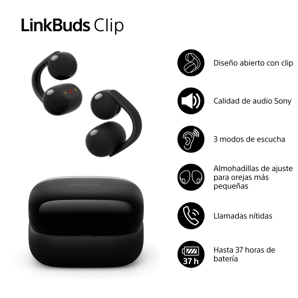 Sony LinkBuds WFLC900B Clip de estilo abierto, cómodo diseño con clip, 3 modos de escucha, IPX4, llamadas nítidas, 37 horas de batería, asistente de voz con IA, control táctil, iOS y Android
