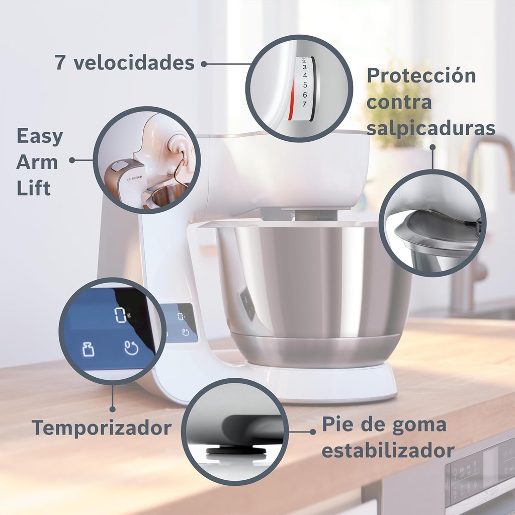 Bosch MUM5XW20, Robot de cocina con báscula1000 W, cuenco de acero inoxidable (3.9 L), juego profesional de pastelería, trituradora
