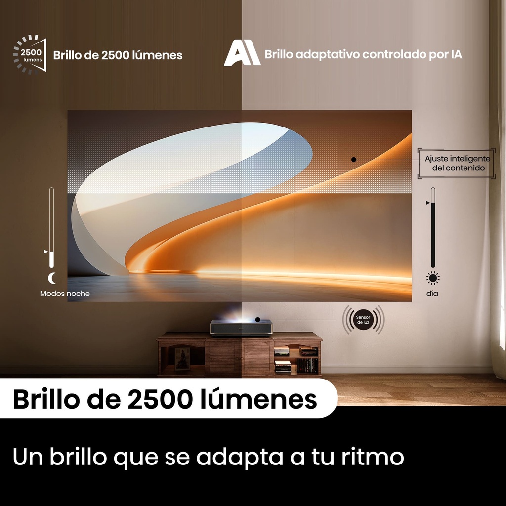 Proyector Laser Tricroma UHD 4K Smart TV Tiro corto, 80 a 150 pulgadas, 2500 Lumenes, Dolby Atmos, Dolby Vision