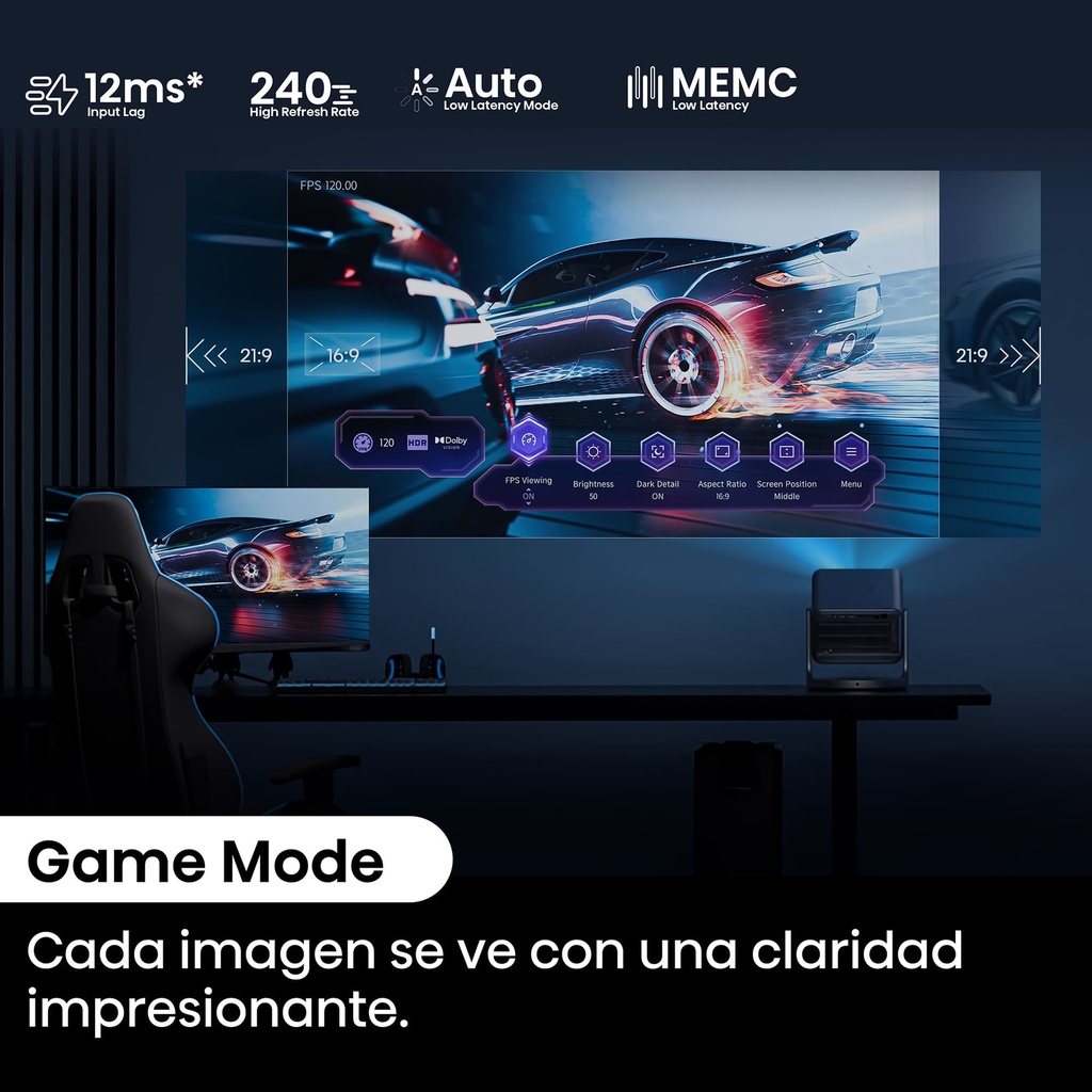 Mini Proyector Smart Tricroma UHD 4K, 65 a 300 pulgadas, 2000 Lumenes, Dolby Vision, HDR, Zoom Digital, Enfoque automático y manual