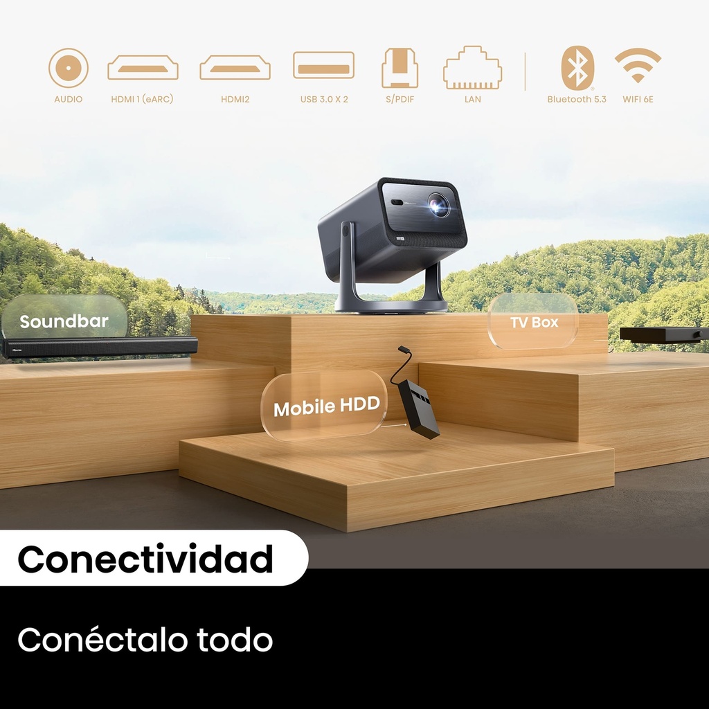 Mini Proyector Smart Tricroma UHD 4K, 65 a 300 pulgadas, 2000 Lumenes, Dolby Vision, HDR, Zoom Digital, Enfoque automático y manual