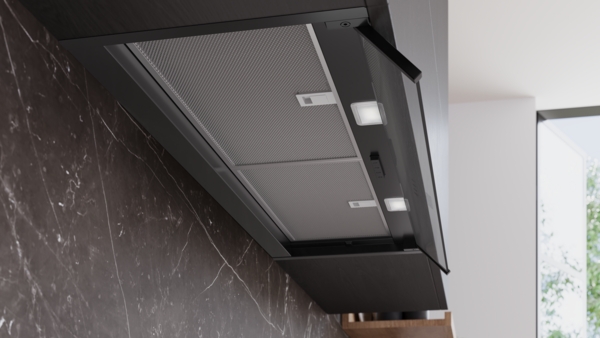 Siemens LJ95BCC60, campana decorativa integrable, 90 cm, cristal transparente, negro mate, iQ300