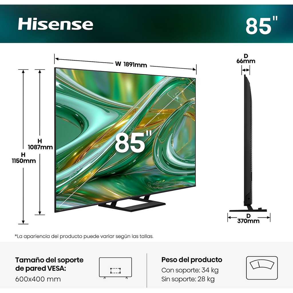 Hisense Mini LED TV 85E8S, UHD 4K, Quad Core / MT9618, Total HDR, Subwoofer integrado