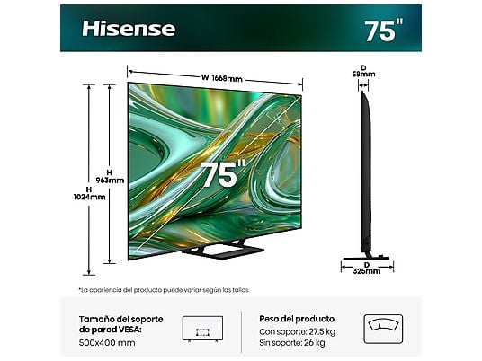 Hisense Mini LED TV 75E8S, UHD 4K, Quad Core / MT9618, Total HDR, Subwoofer integrado