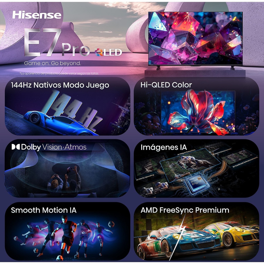 Hisense QLED 4K TV 55E7S PRO, Quad Core/MT9618, 144Hz Nativos, Smooth Motion IA, HDR10+Gaming