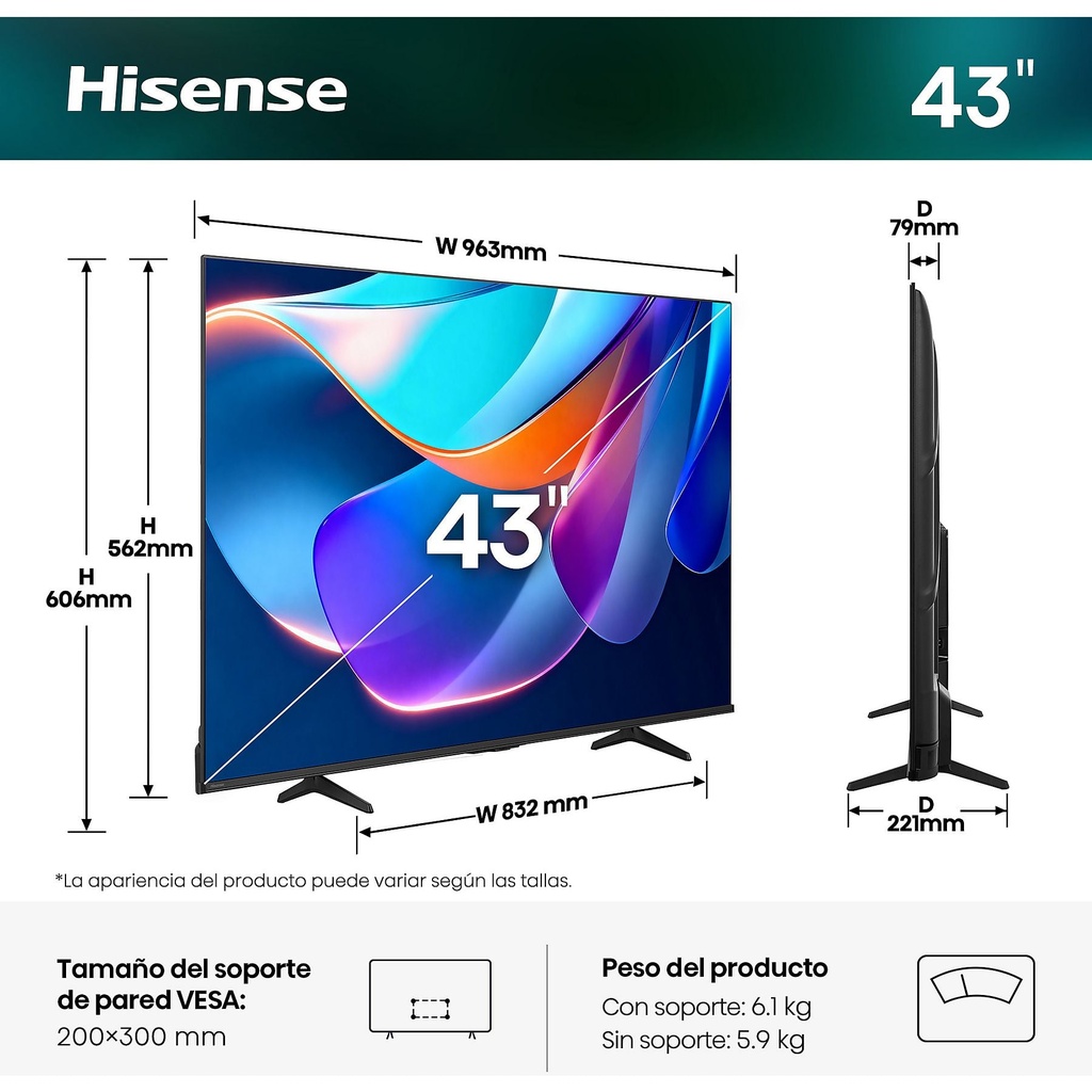 Hisense QLED TV 43A6S, Escalador 4K IA, Control por voz, Smooth Motion IA
