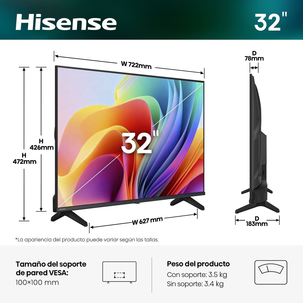 Hisense HD TV 32A4S, Natural Colour Enhancer, Dolby Audio, Modo Juego, Smart Home Ready