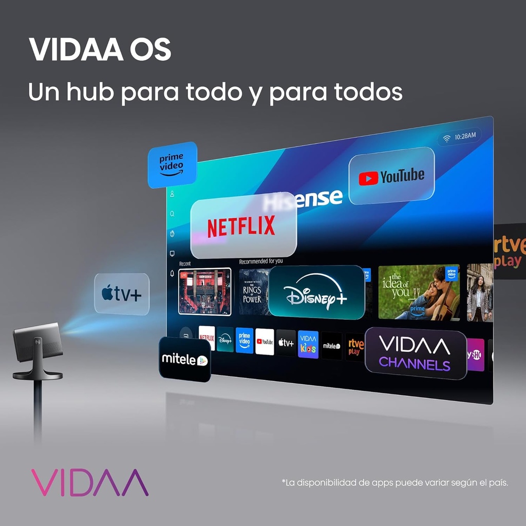 Mini Proyector Hisense Smart Tricroma Hisense UHD 4K, 65 a 300 pulgadas, 2500 Lumenes, Dolby Atmos, Dolby Vision, IMAX enhanced, HDR