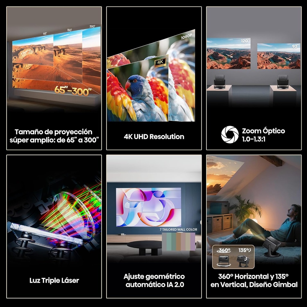 Mini Proyector Hisense Smart Tricroma Hisense UHD 4K, 65 a 300 pulgadas, 2500 Lumenes, Dolby Atmos, Dolby Vision, IMAX enhanced, HDR