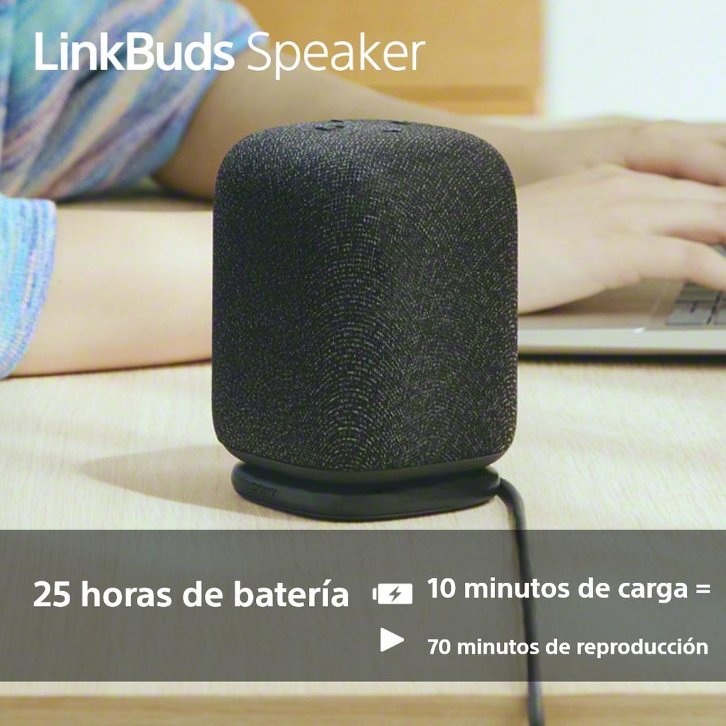 Altavoz inálambrico Linkbuds Speaker, SRSLS1,  Gran calidad, pequeño e inteligente, Bluetooth, Auto play, Resistente a salpicaduras, Base de carga, Batería hasta 25h