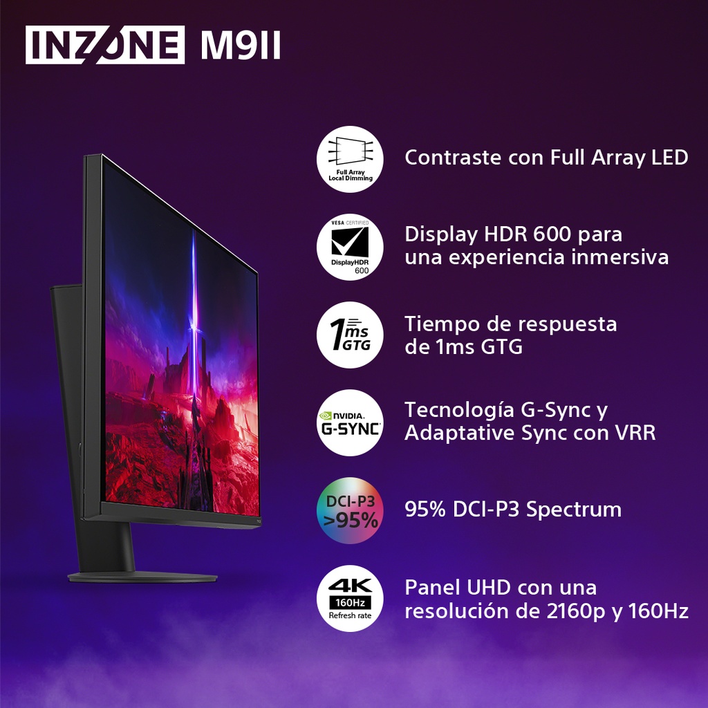 Monitor Gaming SONY INZONE M9 II, SDM27U9M2, Pantalla 27" 4K IPS, Tecnología Full Array, Frecuencia de hasta 160Hz, Tiempo de respuesta 1ms, Perfecto para PS5
