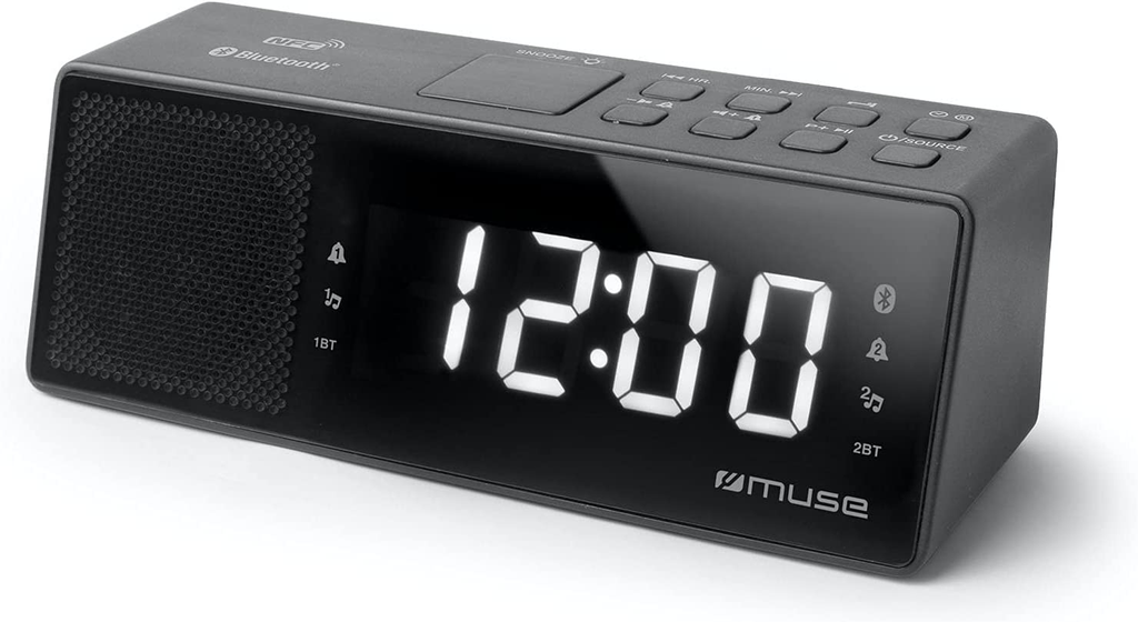Muse M172 BT, Radio despertador PLL, Alarma dual, Conexión Bluetooth con emparejamiento NFC, Pantalla LED blanca de 1,2'', Alarma mediante radio, zumbido o Bluetooth, Función posponer y siesta, Entrada aux in, Función de carga USB, Dimmer de 3 variaciones