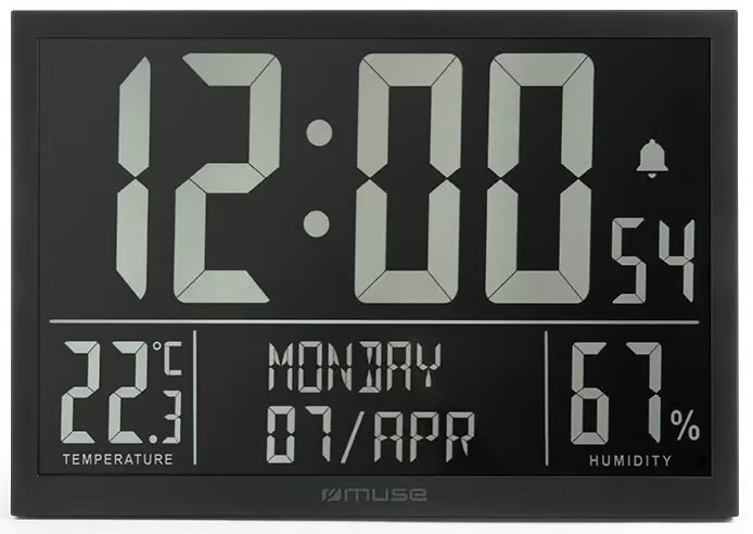 Muse M-160 WMC, Reloj de pared, Display LED con día de la semana, Mes, Temperatura, Humedad, Calendario, Alarma y funciones de reloj