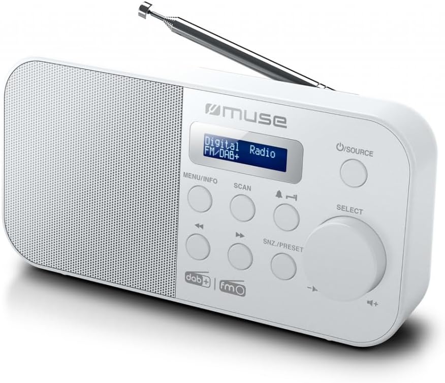 Muse M-109 DB, Radio portátil, FM/DAB+, Pantalla LCD con luz negra, 60 presintonías (30 FM + 30 DAB), Antena para FM, Doble alarma, snooze y función sleep