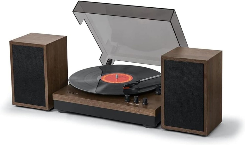 Muse MT-108 BT, Giradiscos estéreo de tres velocidades 33/45/78 RPM, Función Bluetooth, Puerto USB para reproducción y decodificación, Botón de auto-stop ON/OFF, Adaptador 45 RPM, Salida RCA jack, 2 altavoces externos, Potecia 2 x 7,5 W