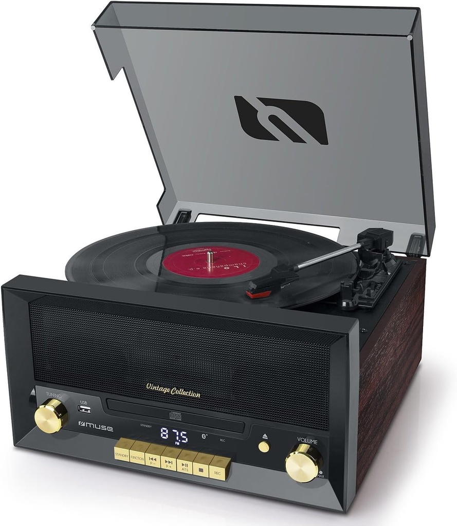 Muse MT-112 W, Micro Sistema CD y Radio con Giradiscos Muse, Tres velocidades, Bluetooth, USB y Lector de Tarjetas SD