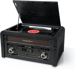 [MT115W] Muse M-115 W, Transmisión de música en streaming desde otro dispositivo habilitado para Bluetooth, 30 emisoras presintonizadas, CD, CD-R/RW, MP3, 3 velocidades 33/45/78 vueltas, Puerto USB para lectura y codificación, Adaptador de disco de 45 vueltas, Potencia de salida 20W